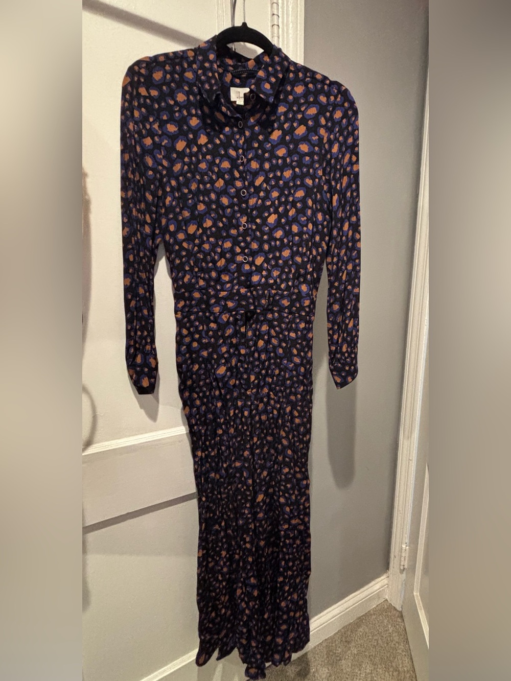 Anthropologie Navy Jumpsuit with blue and orange Spot Print
